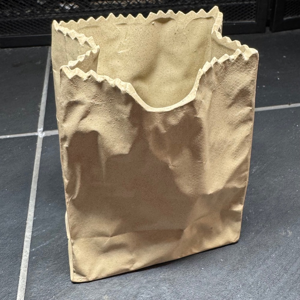 Ceramic Brown Paper‎ Bag Vase Trompe L'oeil Sculptural Planter Tan Decor 6 Inch